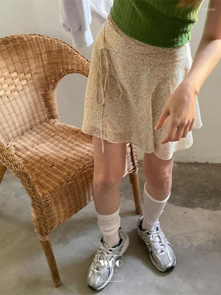 Faldas Korobov Niche Design Sweet Y2k falda amarilla Floral gasa con cordones de cintura alta para mujeres moda coreana Faldas
