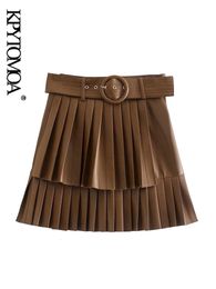 Faldas KPYTOMOA Moda Mujer Con Cinturón Minifalda Plisada De Cuero De Imitación VIntage Cintura Alta Cremallera Lateral Mujer 230224