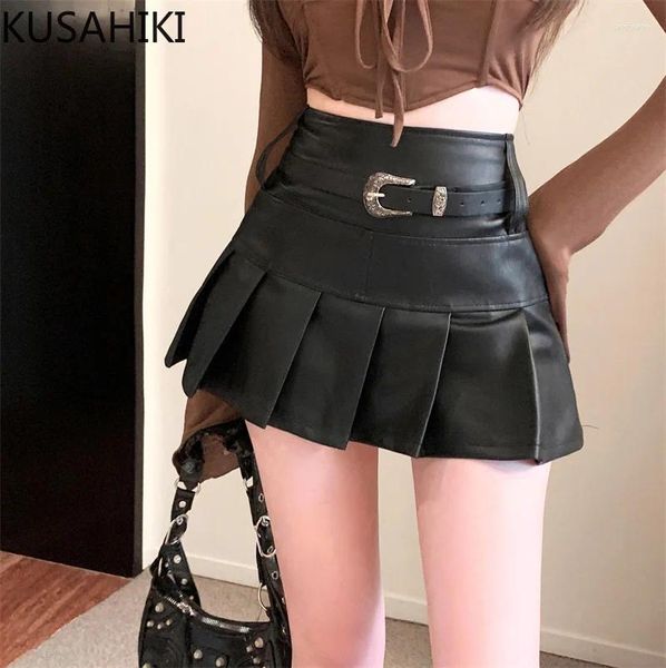 Jupes kusahiki pu jupe plissée pour les filles hautes hivernales à taille noire mince en cuir noir épicé a-ligne courte