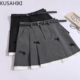 Jupes kusahiki de style collège d'été arc jupe plissée haute taille avec une ceinture couleur contrastée a-ligne courte mujer faldas
