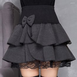 Faldas Dobladillo de encaje Ruffes Chicas Una línea Forma Tartan Kilts Gris Negro Bowtie Lindo Kawayi Harajuku