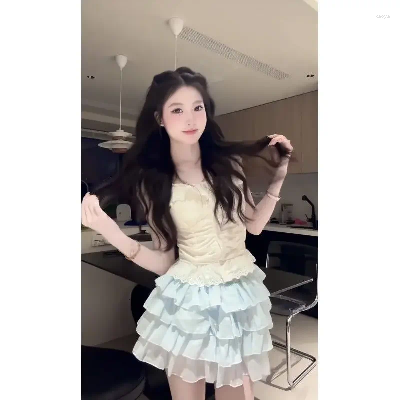 Skirts Lace Splicing Top High Waisted Ruffled Fluffy Cake Skirt Girlish Set Korean Sweet Little Fresh Fashion Women's 2024