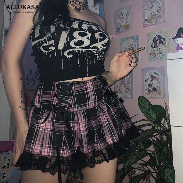 Faldas encaje up goth y2k faldas faldas rosa rayas a cuadros de encaje de encaje plisado falda punk academia oscura eesthetic e chicas ropa 230717