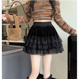 Faldas de encaje de terciopelo mini falda de tul mujeres cintura elástica pastel vintage patchwork estilo coreano ropa gota