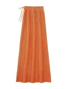 Jupes dames 2023 été décontracté tricoté évider droite Orange longue femmes taille haute à lacets élastique blanc jupe Femme