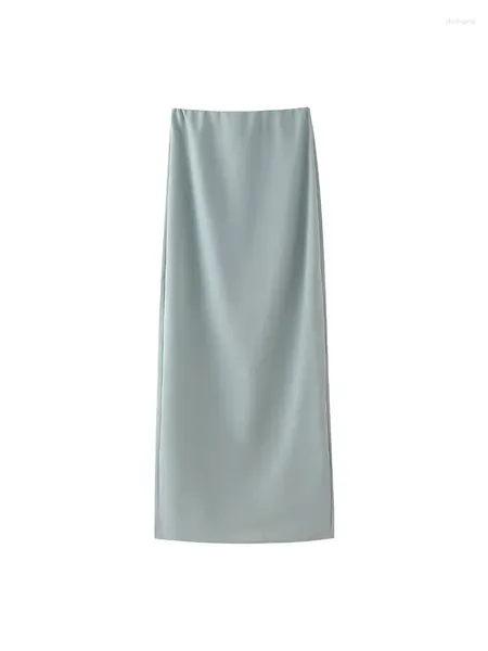 Jupes dames 2024 printemps décontractée haute taille bleu élastique longue jupe droite pour femmes