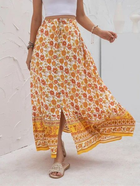 Faldas de mujer bohemias largas para mujer Boho vacaciones elegante Retro Casual cintura alta elástica falda de verano para mujer Faldas femeninas