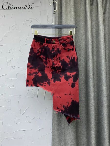 Faldas Moda para mujer Ropa de calle Falda vaquera por encima de la rodilla de cintura alta Falda estilo rojo de otoño para mujer Falda asimétrica teñida con lazo irregular 231114