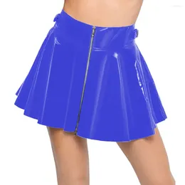 Jupes dames zipper haute taille mini jupe plissée femme sexy pvc en cuir humide look de nuit courte