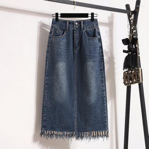 Jupes grande taille taille élastique Denim jupe mode fendu gland Jean femmes printemps/été 2023 tout match Midi a-ligne