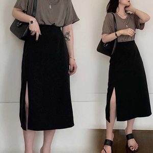 Jupes grande taille vêtements pour femmes dodues filles fente latérale jupe noire Style coréen 200 Jin minceur taille haute mi-longue a-ligne