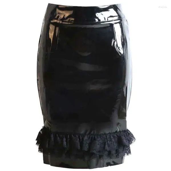 Faldas Falda de látex Wetlook Cuero de vinilo Mini Cintura alta Decoración de encaje negro Sexy Estilo Punk Bodycon Mujer corta