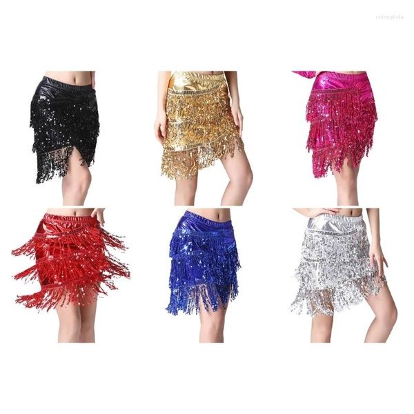 Jupes latin dance bodycon jupe métallique paillettes Tassels franged asymétrical paquet hanche mini-club de fête