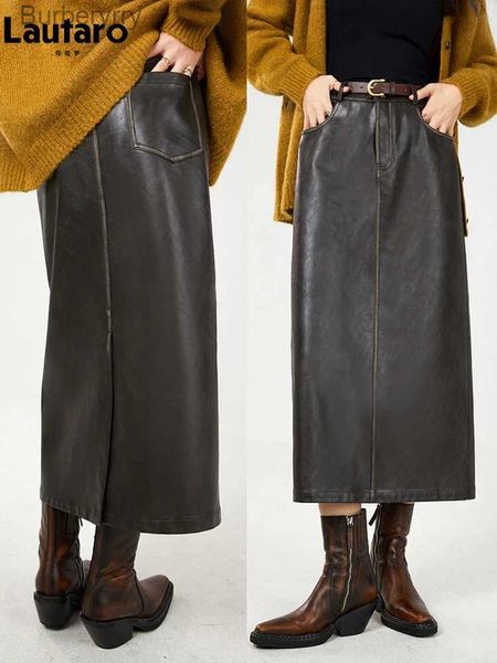 Jupes Lautaro automne Vintage en détresse en cuir Pu jupes pour les femmes avec fente arrière taille haute luxe Chic longue Style coréen vêtementsL231212