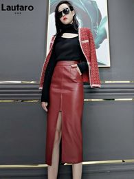 Jupes Lautaro jupe crayon longue en simili cuir doux pour femmes avec poches fendues sur le devant jupes midi taille haute pour femmes jupe rouge vin 230313