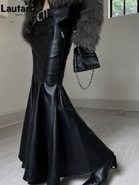 Jupes Lautaro printemps automne Chic élégant noir doux en cuir Pu Midi sirène jupe femmes taille haute longue luxe vêtements de créateur 2023 230420