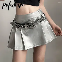 Saias saia de couro para mulheres preto gótico plissado curto verão magro sólido a-line y2k prata mini roupas de moda coreana