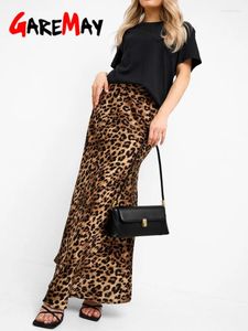 Jupes Leopard Print Maxi Jupe A-Line Satin d'été féminine Long High-Waist Elegant Vintage Slim Office Silk 2024