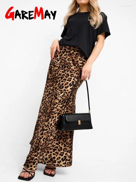 Jupes Leopard Print Maxi Jupe A-Line Satin d'été féminine Long High-Waist Elegant Vintage Slim Office Silk 2024