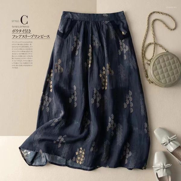 Faldas Limiguyue estilo artístico cintura elástica A-Line falda con estampado vintage algodón lino largo verano gran swing casual suelto femenino U168