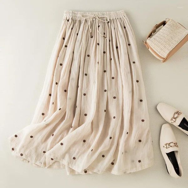 Faldas Limiguyue falda de lino de algodón de lunares para mujer cordón elástico cintura A-Line Casual Vintage Big Swing plisado verano U385