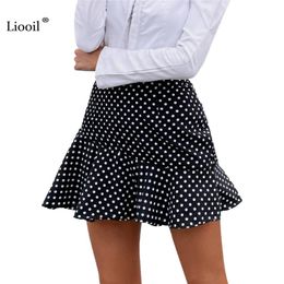 Faldas Liooil Polka Dot Ruffle Mini para mujer 2021 Cremallera negra Hasta cintura alta A-Line Ropa de verano Damas Sexy Short