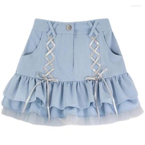 Jupes Lolita Kawaii taille haute Mini jupe femmes mode 2023 Denim Tutu plissé Jean filles coréennes une ligne gothique jupe courte