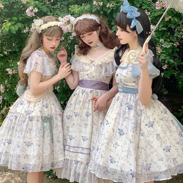 Jupes Lolita OP Robe Douce Kawaii Frais Mignon Fête Princesse Japonaise Victorienne Arc Imprimé Vêtements D'été