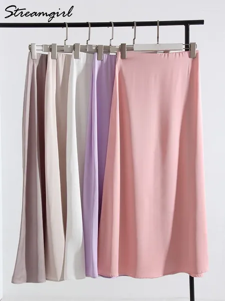 Jupes longues Flair Satin pour femmes Maxi noir a-ligne soie élastique taille haute rose longueur au sol violet