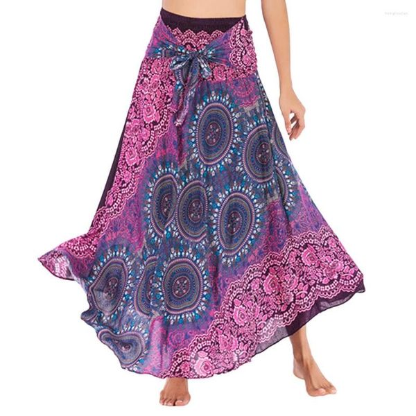 Jupes longues Hippie bohème pour femmes à la mode longueur au genou gitane Boho fleurs taille élastique Floral licou adolescentes