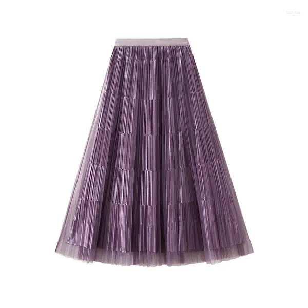 Jupes Longue Maxi Plissée Tulle Jupe Pour Femmes Printemps Eté Double Face Velours Femme Vintage Couleur Unie A-ligne Violet