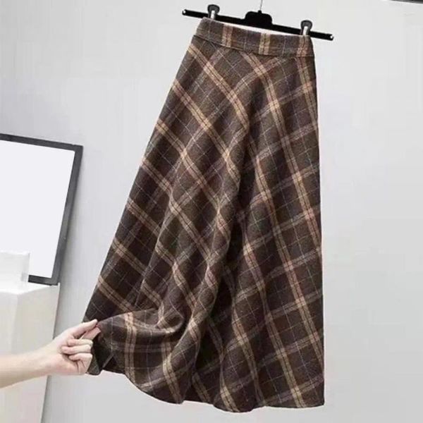 Jupes longues jupe à plaid imprimé A-line maxi avec haute taille élastique rétro chaud de la cheville douce pour les femmes