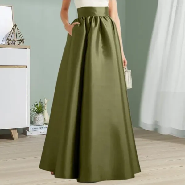 Faldas Falda larga Falda elegante Vintage Satin Maxi con bolsillos de cintura alta para mujeres A-Line Longitud del piso Color sólido Otoño