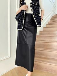 Saias saia longa para mulheres 2023 moda preto vintage couro genuíno lápis cintura alta elegante luxo