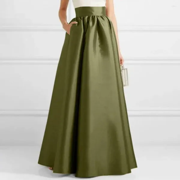 Faldas falda larga con bolsillos mujeres cintura alta elegante vintage satinado maxi para otoño