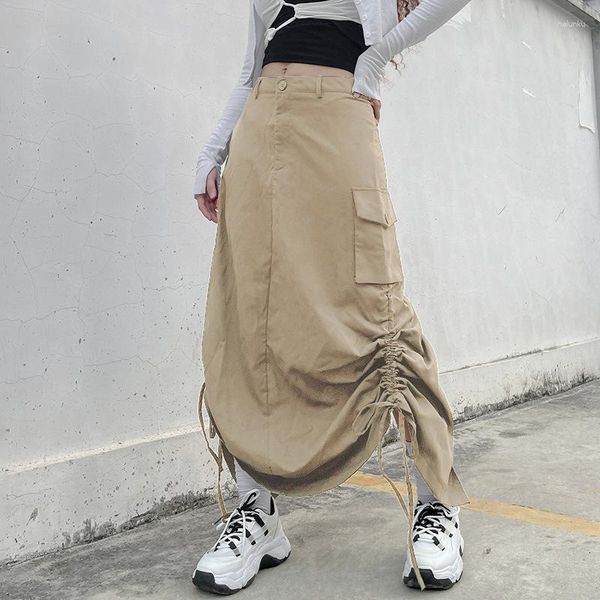 Jupes jupe longue femmes cordon plissé fendu irrégulier Maxi Y2k Hip Hop mode coréenne vêtements Streetwear poches