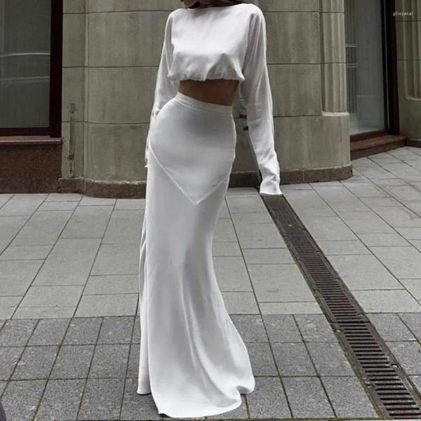 Faldas Tops de manga larga con cintura alta Maxi Set sexy satén blanco satén 2 piezas Traje de mujeres 2024 Fashion Streetwear