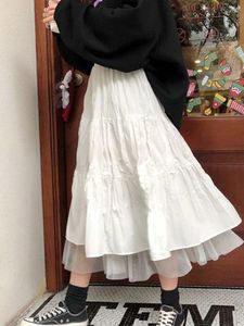 Jupes longues Tulle Midi 2023 automne élastique taille haute maille Tutu plissé femme noir blanc jupe Streetwear 230519