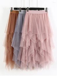 Jupes longues jupe en tulle femmes mode 2024 printemps été taille haute plissée maxi femme rose blanc noir école soleil Z510