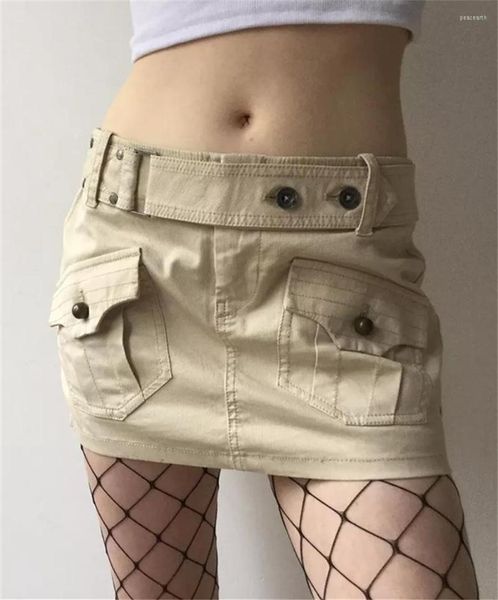 Jupes taille basse ceinturée Mini jupe E-Girl 2000 s esthétique femmes couleur unie court Cargo avec poches Harajuku Grunge Street Wear
