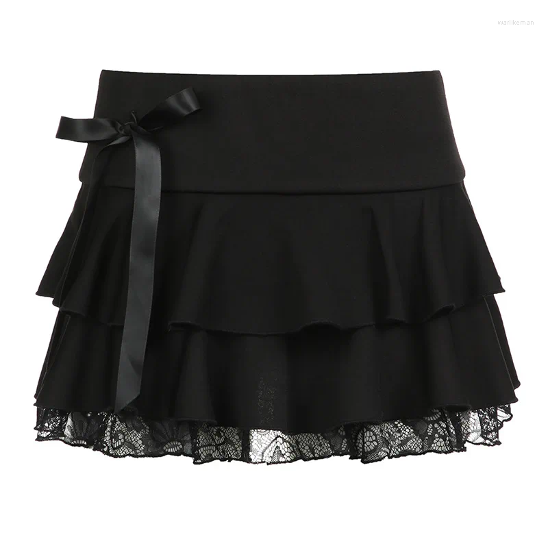 Skirts Low Waist Black Bow Lace Patchwork Solid Causal Women Dress All Match Dresses Sexy Chic Fashion Elegant Vestido De Mujer