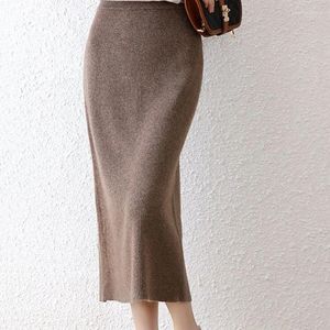 Faldas Lucyever Otoño e Invierno tejidas para mujeres Vintage suave Quanlity elástico alto Wiast femenino salvaje falda de longitud media