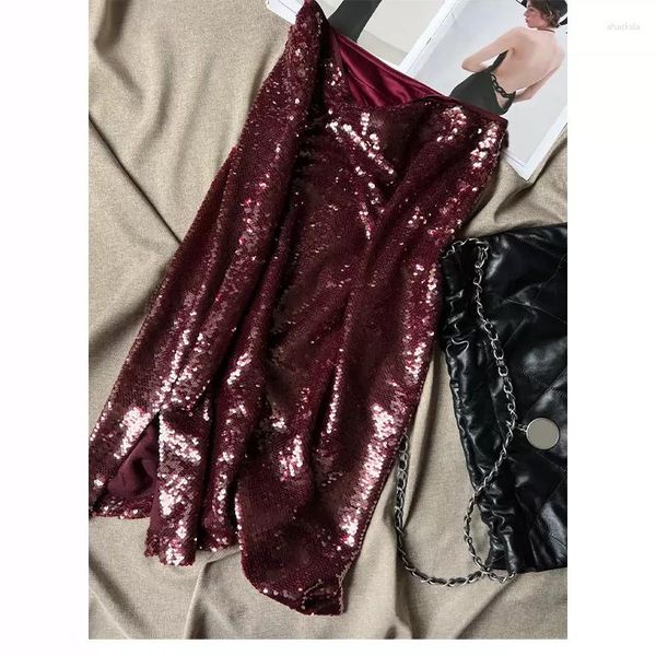 Jupes de luxe Flash lourd perle paillettes vin rouge Empire Wrap hanche jupe droite Tube fente élégant une étape Midi pour les femmes