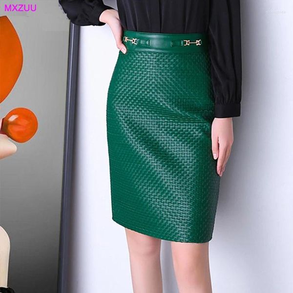 Faldas Ropa de cuero de lujo Mujeres Real Piel de oveja Tejida Artesanía Falda verde Damas Cintura alta Mostrar hebilla dorada delgada Wrap Hip Saia Midi