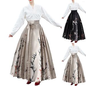 Jupes Luxury Femmes Pliped Jupe vintage Chinois Style traditionnel Impression florale maxi Maxi Belted Satin Chic Korean une ligne