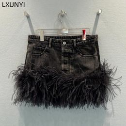 Rokken lxUnyi High Taille Denim Rok Vrouwen mode vintage sexy veer patchwork mini short jean rokken dames catwalk mini rok 230325