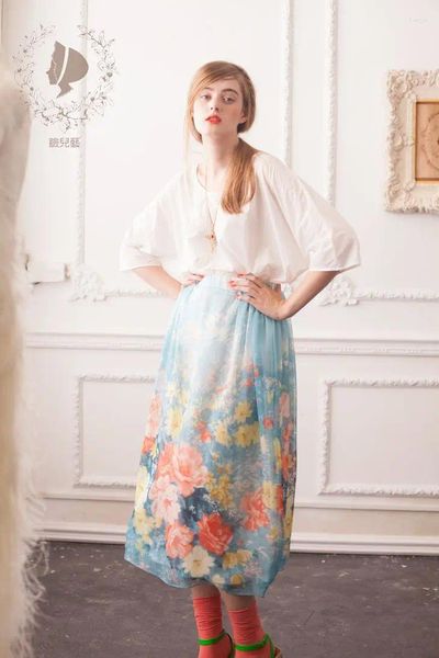 Jupes Lynette's Chinoiserie Summer Original Design Femmes Vintage Silk Rustique Floral Print élastique Taille Eau Blue Jupe Sz S M L
