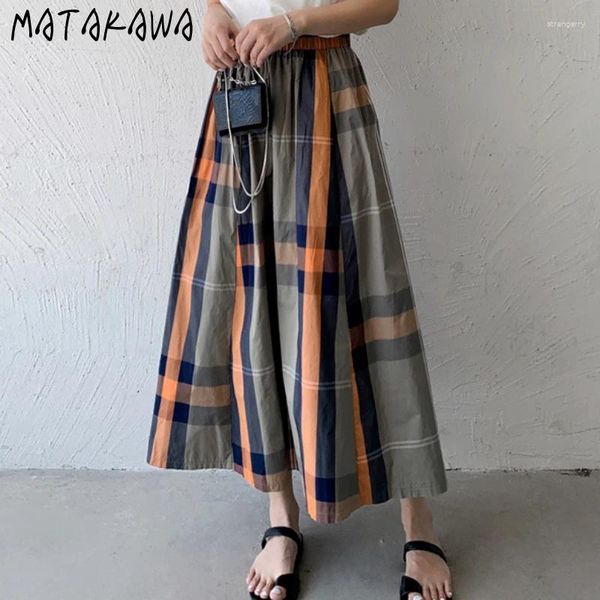 Jupes Matakawa Plaid d'automne longue jupe A-line Style Japan Coumor Couleur haute taille Faldas Striped Vintage Elegant Femmes