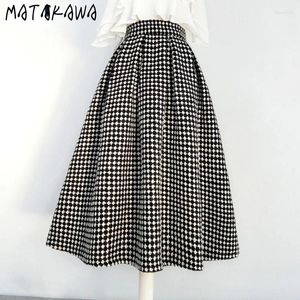 Jupes Matakawa Automne Hiver Laine Femmes Plaid Vintage A-ligne Taille Haute Jupe Longue Mode Coréenne Épais Élégant