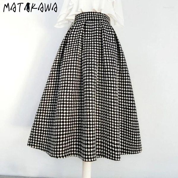 Faldas Matakawa Otoño Invierno Lana Mujeres Plaid Vintage A-Line Alta Cintura Falda Larga Moda Coreana Gruesa Elegante